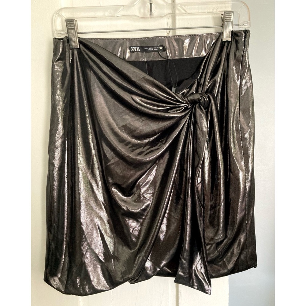 RELISTED NWOT Zara Metallic Gunmetal Wrap Style Tie Waist Mini Skirt - Picture 1 of 15